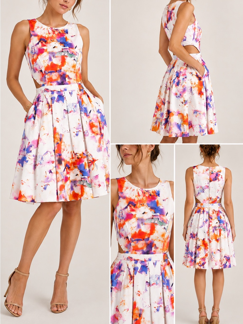 Mohito sleeveless multi-colored abstract watercolor cutout dress Fit & Flare